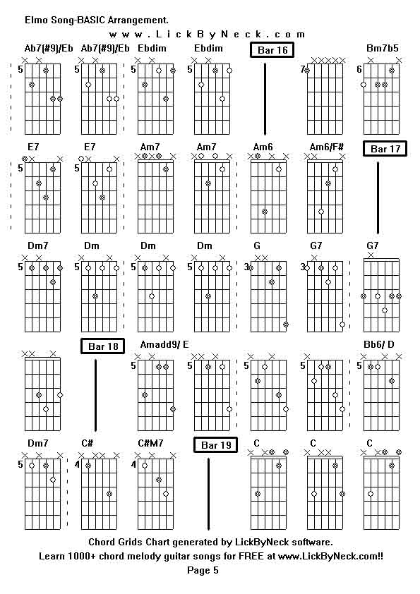 Chord Grids Chart of chord melody fingerstyle guitar song-Elmo Song-BASIC Arrangement,generated by LickByNeck software.